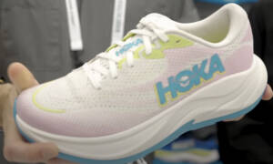 Hoka Rincon 4 in gray and blue and yellow detail