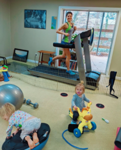 Meridith Ussery has created a special play area for her kids just for when she's running on a treadmill.